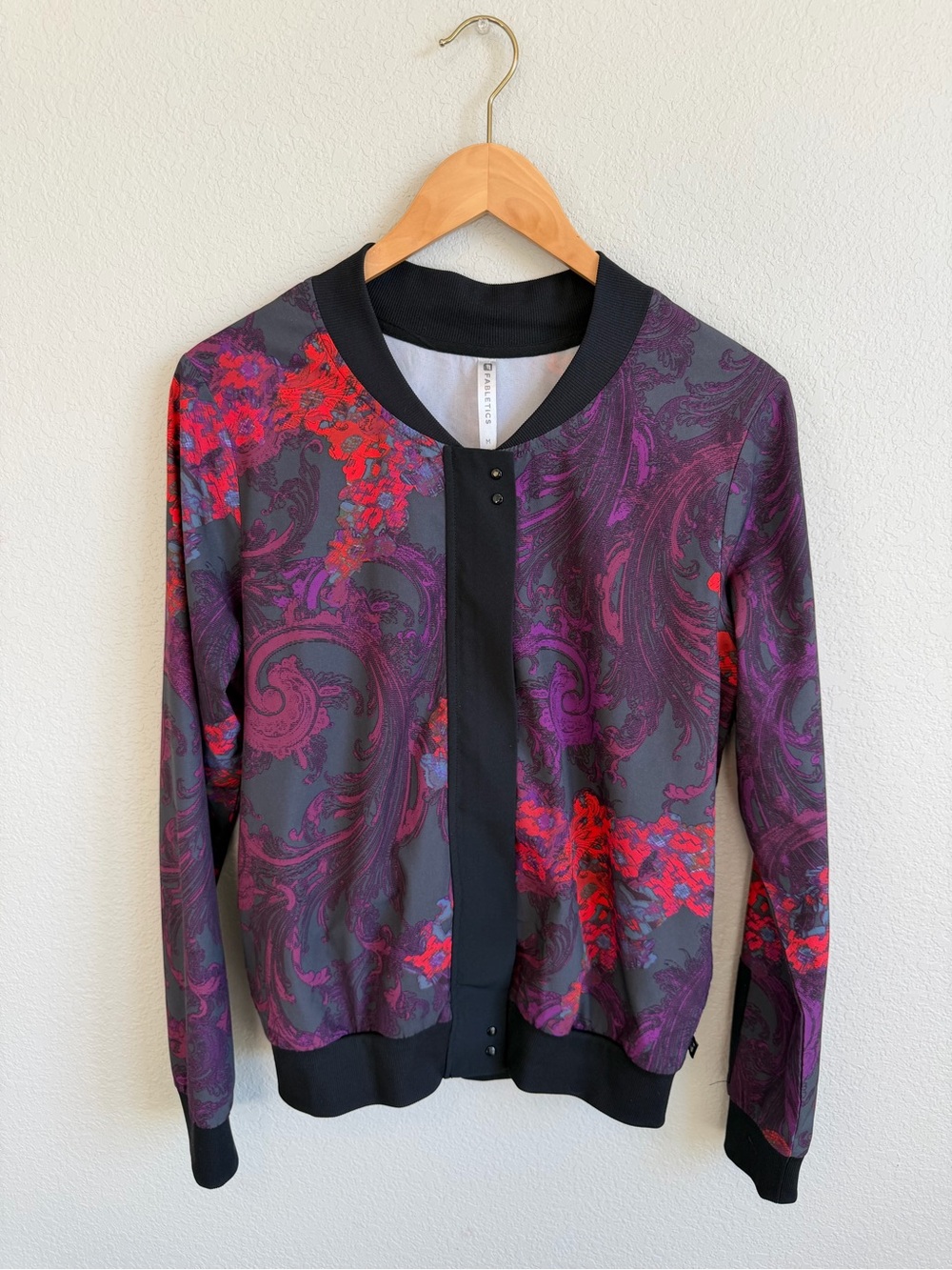Fabletics Black Purple Red Printed Bomber Jacket - Paisley Print